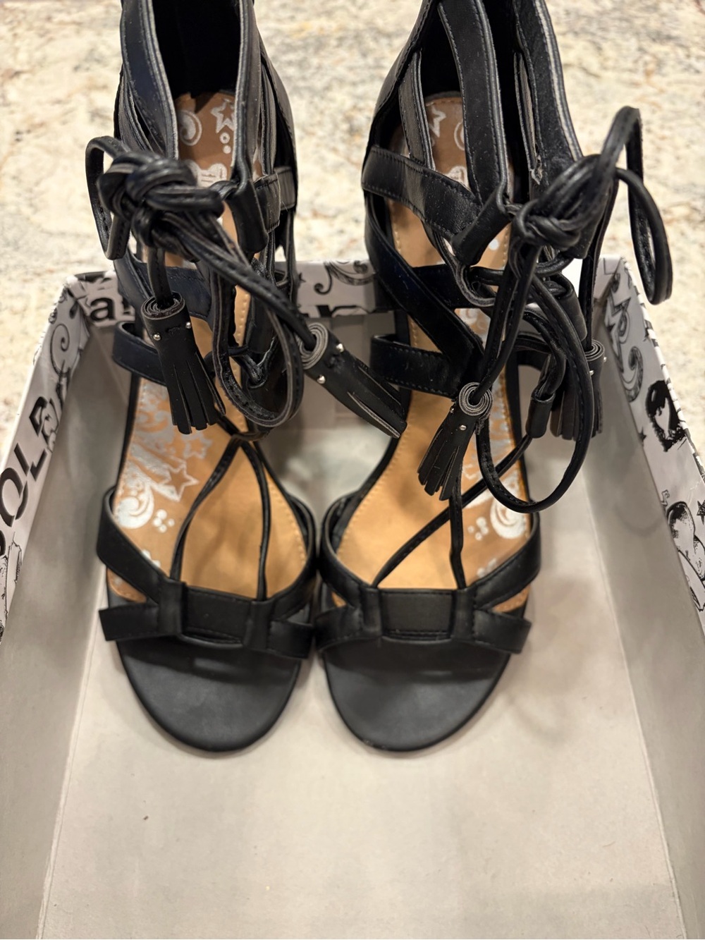 Black Lace-Up Strappy High Heels with Tassel Ties